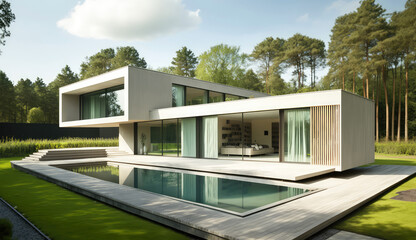 Concrete, wood and glass. Ultra-modern minimalistic style house design. Generative AI
