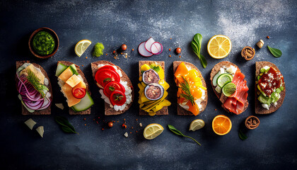 Top view on open sandwiches with meat, vegetables, and seafood on a plate on a stone background. Generated by AI