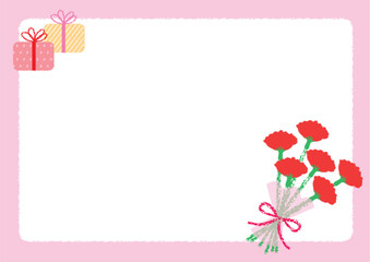Obraz premium 手描き風、母の日のフレーム横（カーネーションとプレゼント）