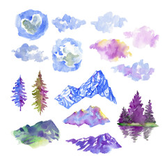 Watercolor clipart Mountains Lake Trees Watercolor clouds Instant download - 582358504
