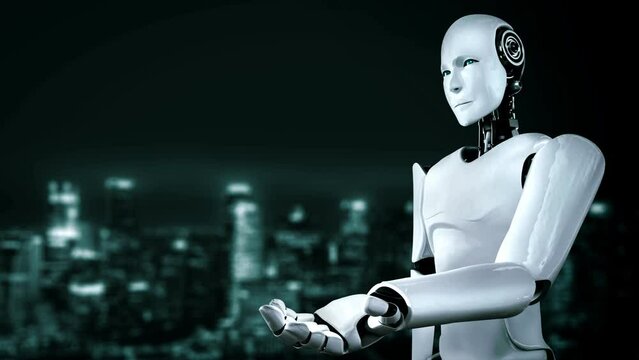 Futuristic robot artificial intelligence huminoid AI programming coding technology development and machine learning concept. Robotic bionic science research for future of human life. 3D rendering.