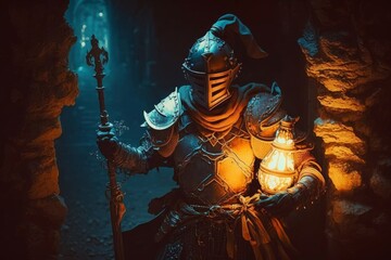 Fototapeta na wymiar a knight on a full plate armor inside a castle dungeon