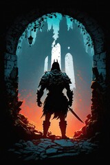 Naklejka premium a knight on a full plate armor inside a castle dungeon