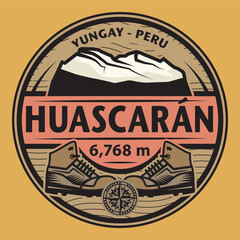 Abstract stamp or emblem with Huascaran, Peru name, vector illustration