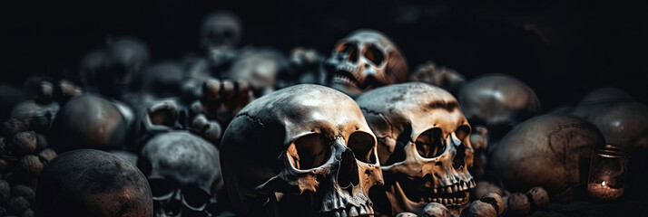 human skulls and bones of people killed in war in crypt burial in cemetery. Generative AI illustration - obrazy, fototapety, plakaty