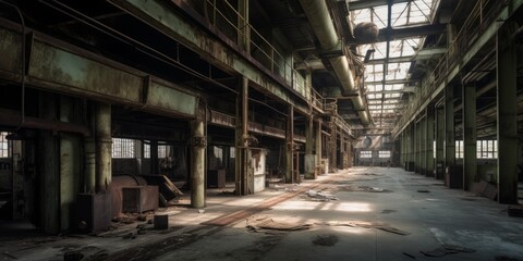 Inside view of an abandoned factory. Generative AI image