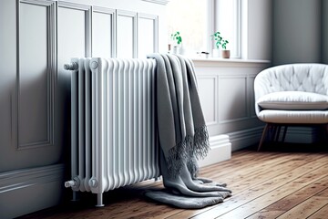 white heating radiator on wooden floor with white blanket, created with generative ai - obrazy, fototapety, plakaty