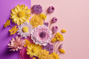 pastel-coloured flowers, on a two-colour background,, Generative AI
