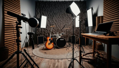 Home Studio Music Recording Interior. Microphone, Guitar, Drum, Bass, Close-Up Generative AI