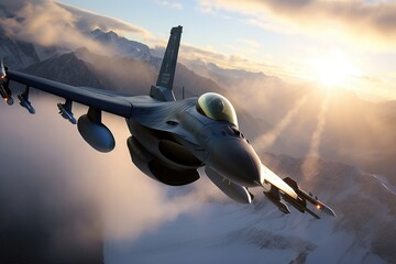F-16 Falcon fighter jet flying in the morning light over clouds
