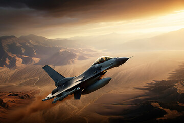 Fototapeta na wymiar F-16 Falcon fighter jet flying over the desert mountain landscape