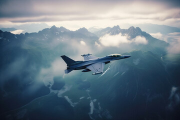 F-16 Falcon fighter jet flying in the sky over the mountan tops - obrazy, fototapety, plakaty