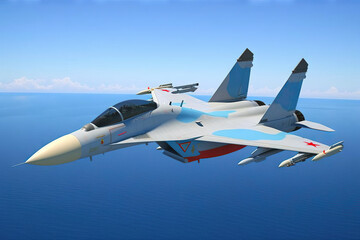 Russian MiG-29 jet fighter flying in the sky - obrazy, fototapety, plakaty