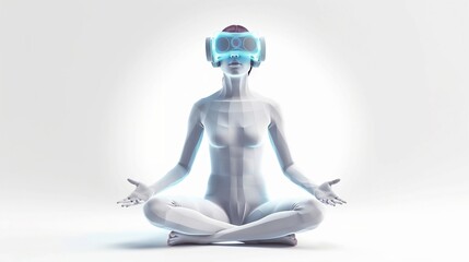 Obraz na płótnie Canvas Woman meditating in lotus pose with VR set on her head, metaverse, Generative AI