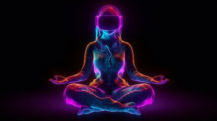 Woman meditating in lotus pose with VR set on her head, metaverse, Generative AI