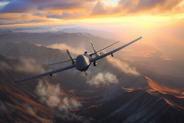 Close look at the MQ-9 Reaper military UAV in the sky - obrazy, fototapety, plakaty