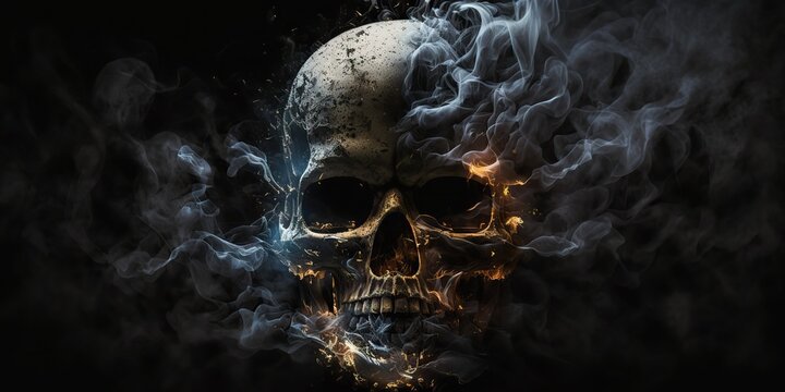 Illustration of Ghastly skull emerging through a veil of smoke in the darkness, Generative AI