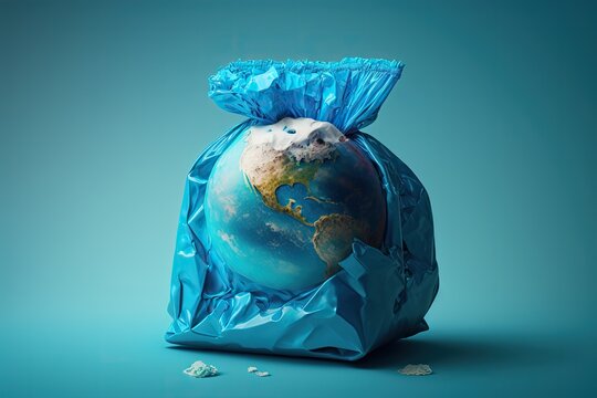 trash container with discarded earth planet in plastic bag on blue background,the concept of loving the earth, Generative AI