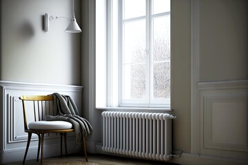 room with large window and two white heating radiator of different sizes, created with generative ai - obrazy, fototapety, plakaty