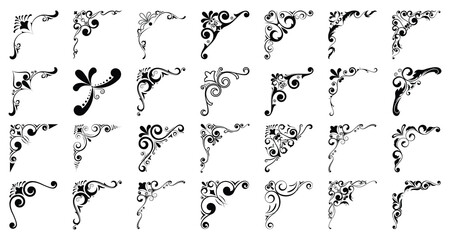 Set of decorative corner frames. Vintage calligraphic corners and borders. Retro elegant ornamental frame, ornaments. Wedding frame, invitation card, menu, picture borders, deco dividers. Vector art