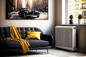 heating radiator with beaful picture, black sofa and small table, created with generative ai