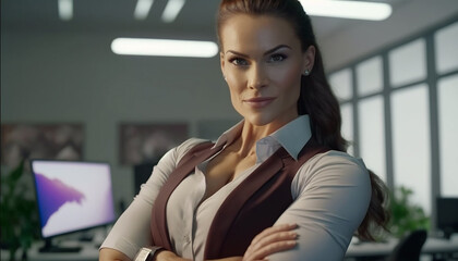 A strong and independent Businesswoman. Beautiful Businesswoman standing while smiling looking at camera in the office.