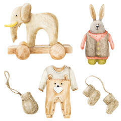 Watercolor cute children's set of clothes and toys. Great for print, web, textile design and other creative ideas.