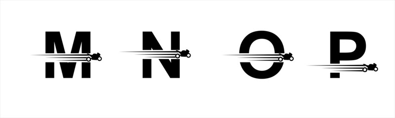 Vector graphic letter alphabet in a set M, N, O, P with black speeding racing bike logo - obrazy, fototapety, plakaty