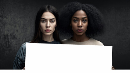 Two young and independent women of different races holding a large mockup poster. Protest against inequality. Poster mockup.
