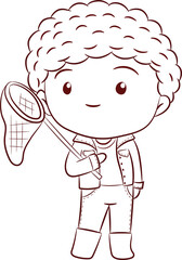 Cute boy holding holding stretchable butterfly net doodle style cartoon character PNG