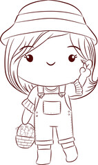 Cute girl picked carrot and holding carrot basket doodle style cartoon character PNG