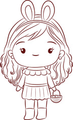 Cute girl holding Easter eggs basket doodle style cartoon character PNG