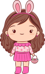 Cute girl holding Easter eggs basket hand drawn sketch style cartoon character PNG