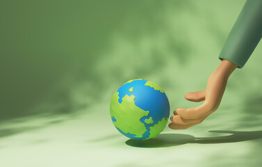 Hands touching earth on green background.