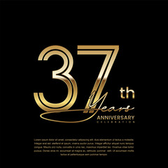 37th anniversary logo with gold color double line style. Line art design. Logo Vector Illustration