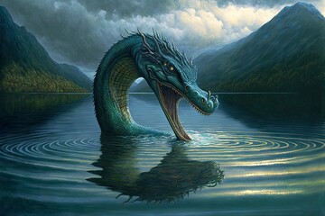 fantasy and mystical creatures loch ness monster in lake, created with generative ai - obrazy, fototapety, plakaty