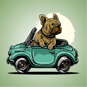 Cute Dog Bulldog Pitbull Riding And Driving Car Vector Illustration