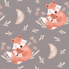 watercolor seamless pattern foxes, mother and baby fox hugging pattern with flowers and moon