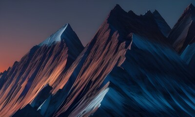 Skaliste góry lekko ośnieżone, góry oświetlone delikatnym światłem brzasku, niebo w kolorze wczesnego poranku. Wygenerowany przy pomocy AI. - obrazy, fototapety, plakaty