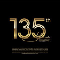 135th anniversary logo with gold color double line style. Line art design. Logo Vector Illustration
