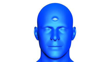 ThirdEye of Blue Digital human isolated on white background. Front view of 3d character Close-up of closed eyes and third eye on the forehead.