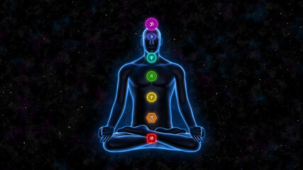 Digital human Meditating in lotus pose. Seven Yoga chakras of human body. Colorful chakras and aura glowing in space 3d illustration.