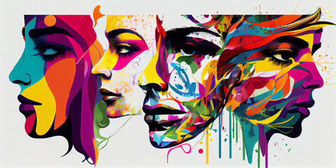 An abstract collage of faces made from splashes of colored acrylic or oil paints.