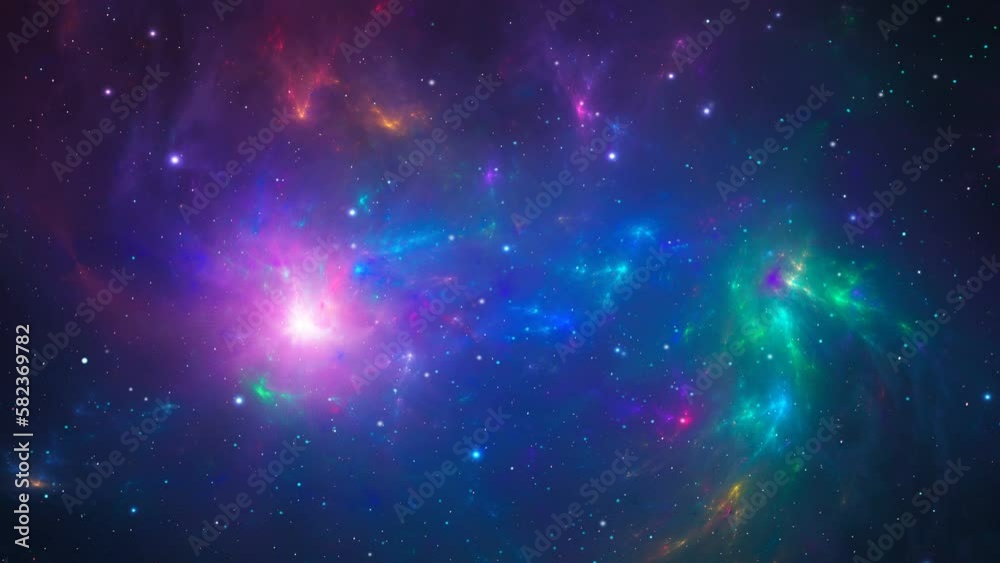 Wall mural space background. fly around planet and through colorful nebula with star field. digital animation