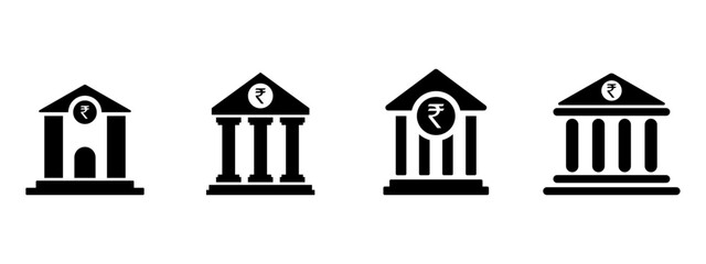 Bank icon with rupee currency symbol set. Bank icon set. Vector graphic illustration. Suitable for website design, logo, app, template, and ui. bank building vector icon. Vector Illustration.