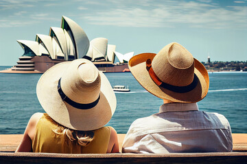 Fototapeta premium A man and a woman, a family young couple of tourists in straw sombrero hats, view from the back, admire the landscape. Generated by artificial intelligence.