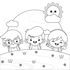 Coloring book for kids. Group Of Happy Children Lying On Green Grass Vector