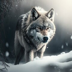 angry wolf in snow. Generative AI.