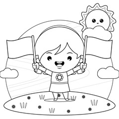 Coloring book for kids. Happy Girl With Two Hands Holding Mini Flag