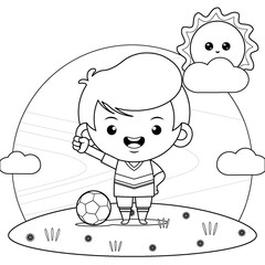 Coloring book for kids. Happy Boy With A Soccer Ball